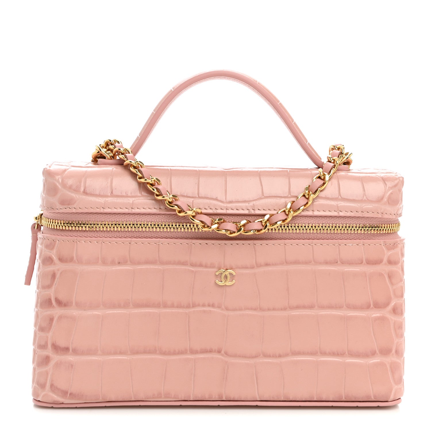 Chanel Calfskin Crocodile Embossed Crococo Top Handle Slim Vanity Case With Chain Light Pink 1 of 11