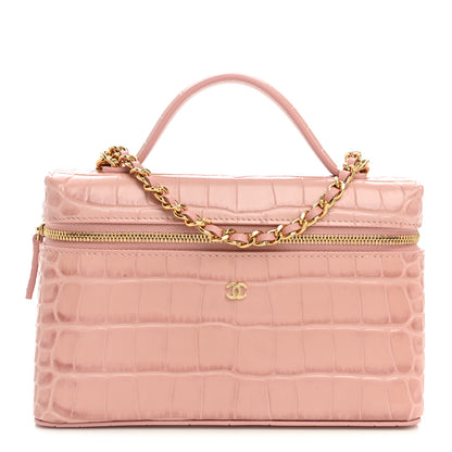 Chanel Calfskin Crocodile Embossed Crococo Top Handle Slim Vanity Case With Chain Light Pink 1 of 11