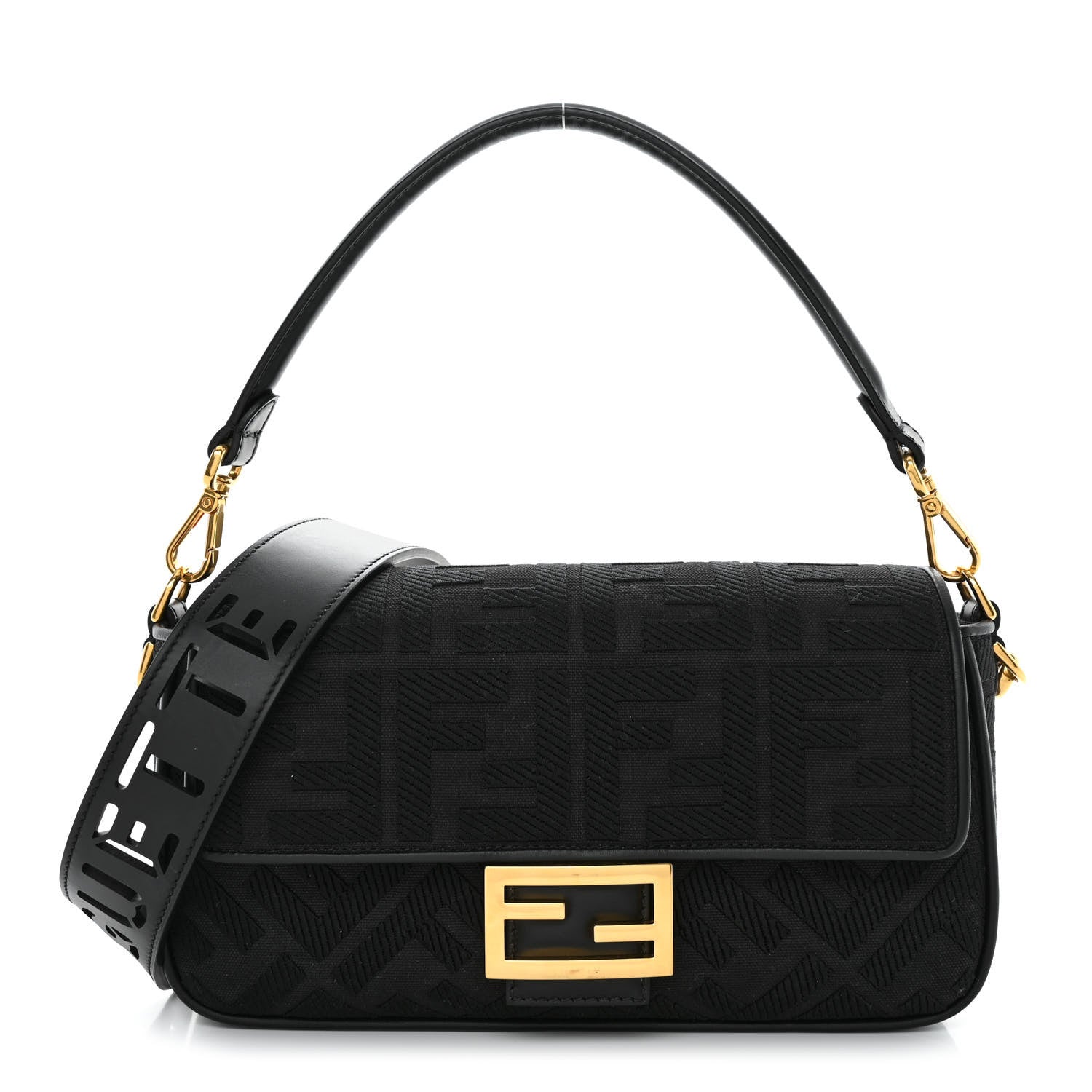 Fendi Canvas Vitello King Extra Strap FF Embroidered Baguette Black 1 of 11