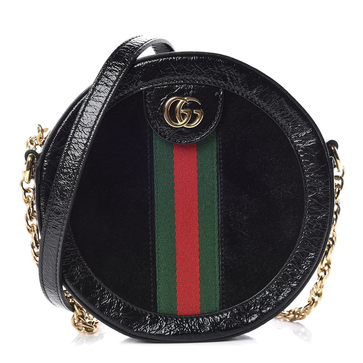Suede Patent Web Mini Ophidia Round Shoulder Bag Black