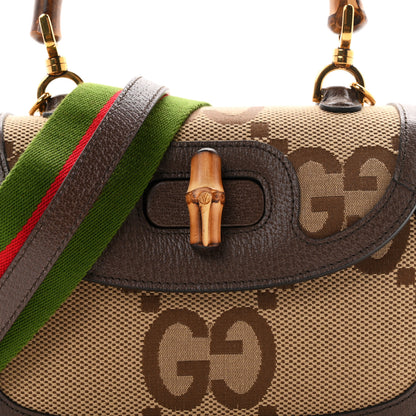 Gucci Monogram Jumbo GG Textured Dollar Calfskin Web Small Bamboo 1947 Top Handle Bag Camel Ebony New Acero 8 of 10