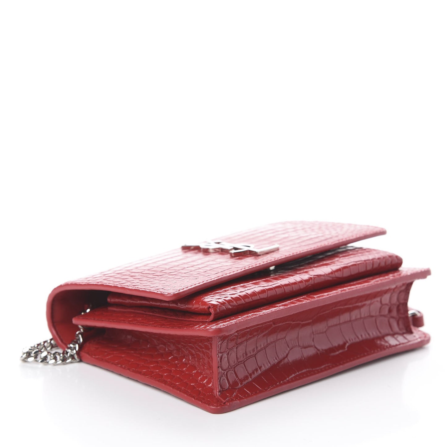 Calfskin Crocodile Embossed Monogram Sunset Top Handle Chain Wallet New Lipstick Red