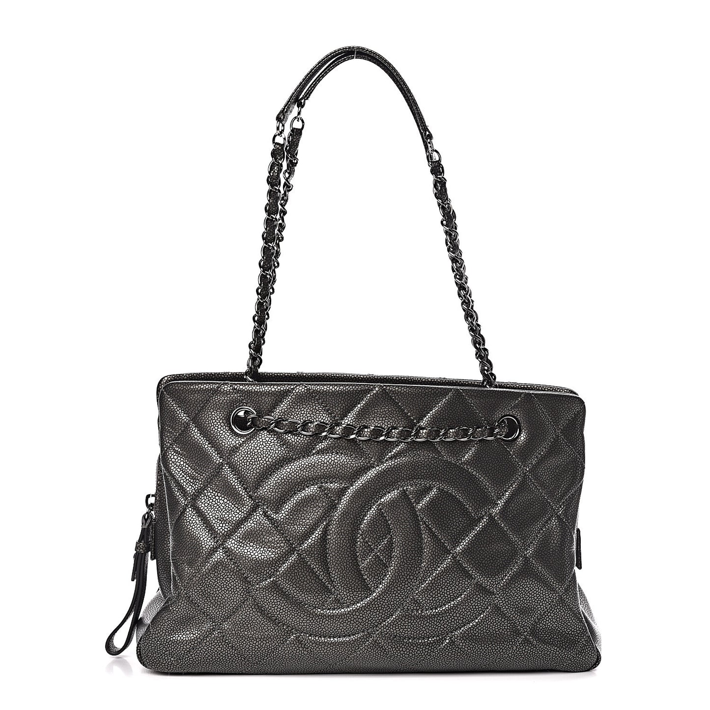 Metallic Caviar Quilted CC Tote Dark Silver