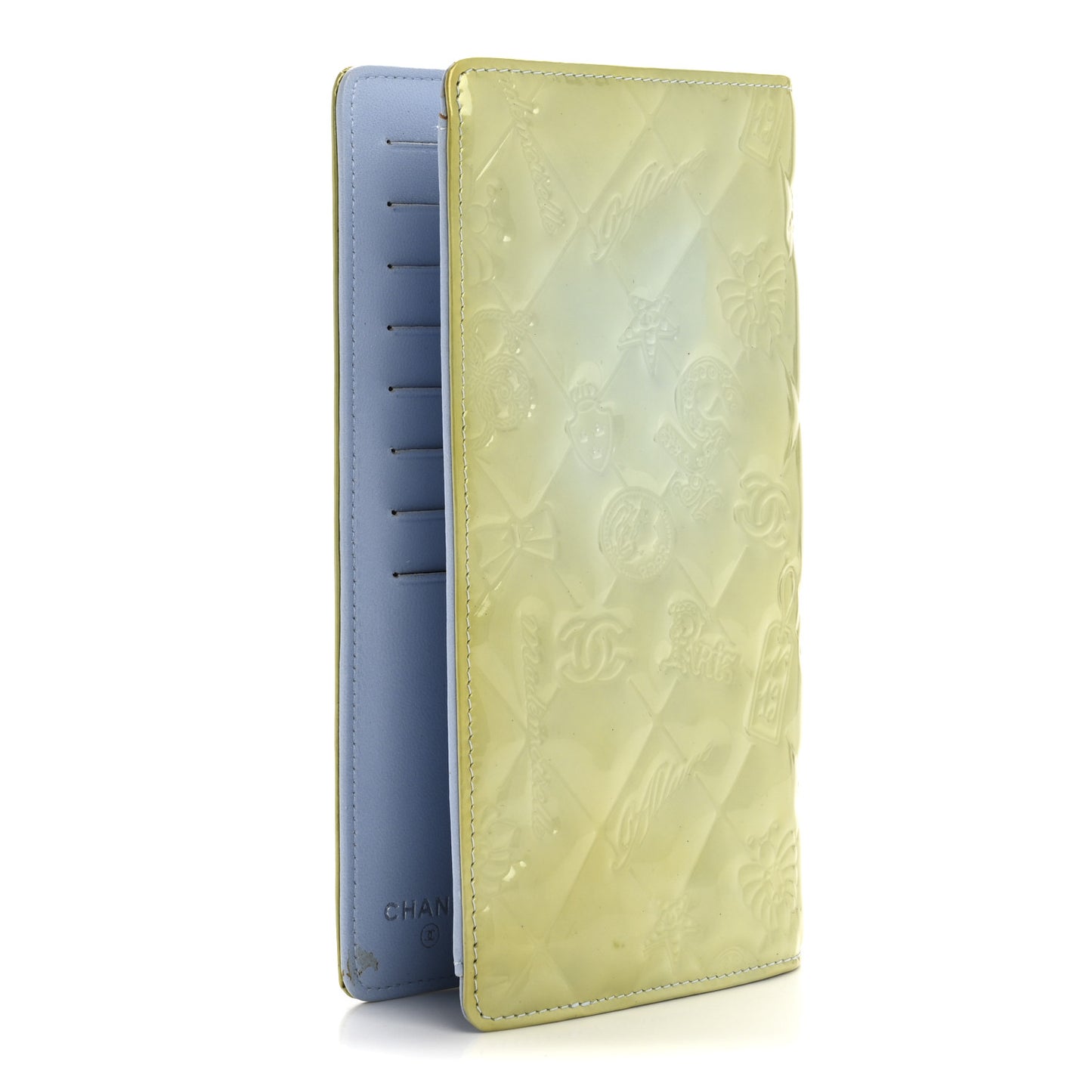 Patent Calfskin Lucky Symbols Yen Wallet Light Blue