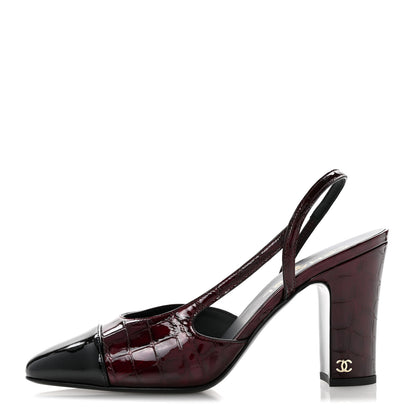 Chanel Patent Calfskin Crocodile Embossed Cap Toe CC Slingback Sandals 39 Dark Burgundy Black 1 of 10