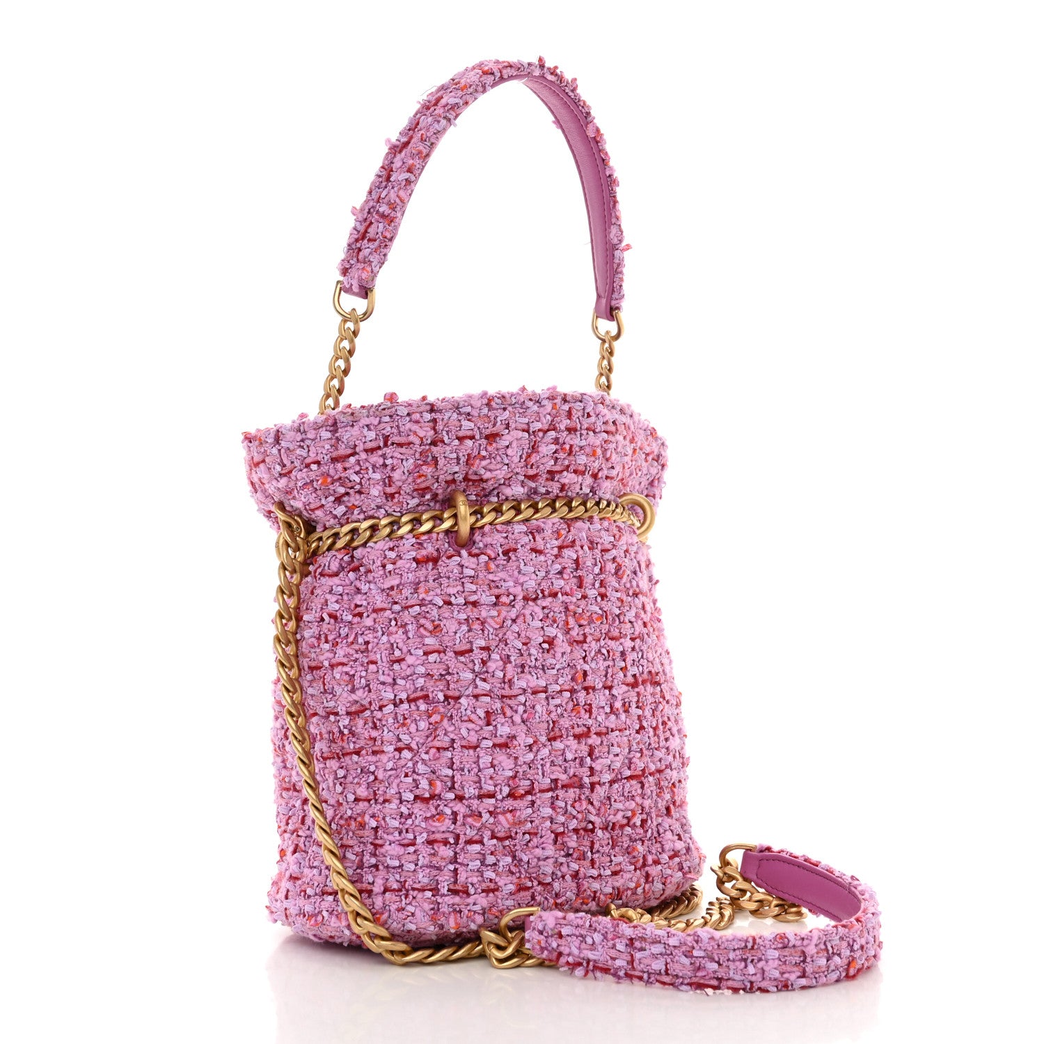 Chanel Tweed Enamel Quilted Pending CC Bucket Drawstring Bag Light Purple Pink Red 3 of 10