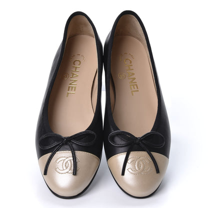 Chanel Lambskin Cap Toe CC Ballerina Flats 35 Black Beige 3 of 11