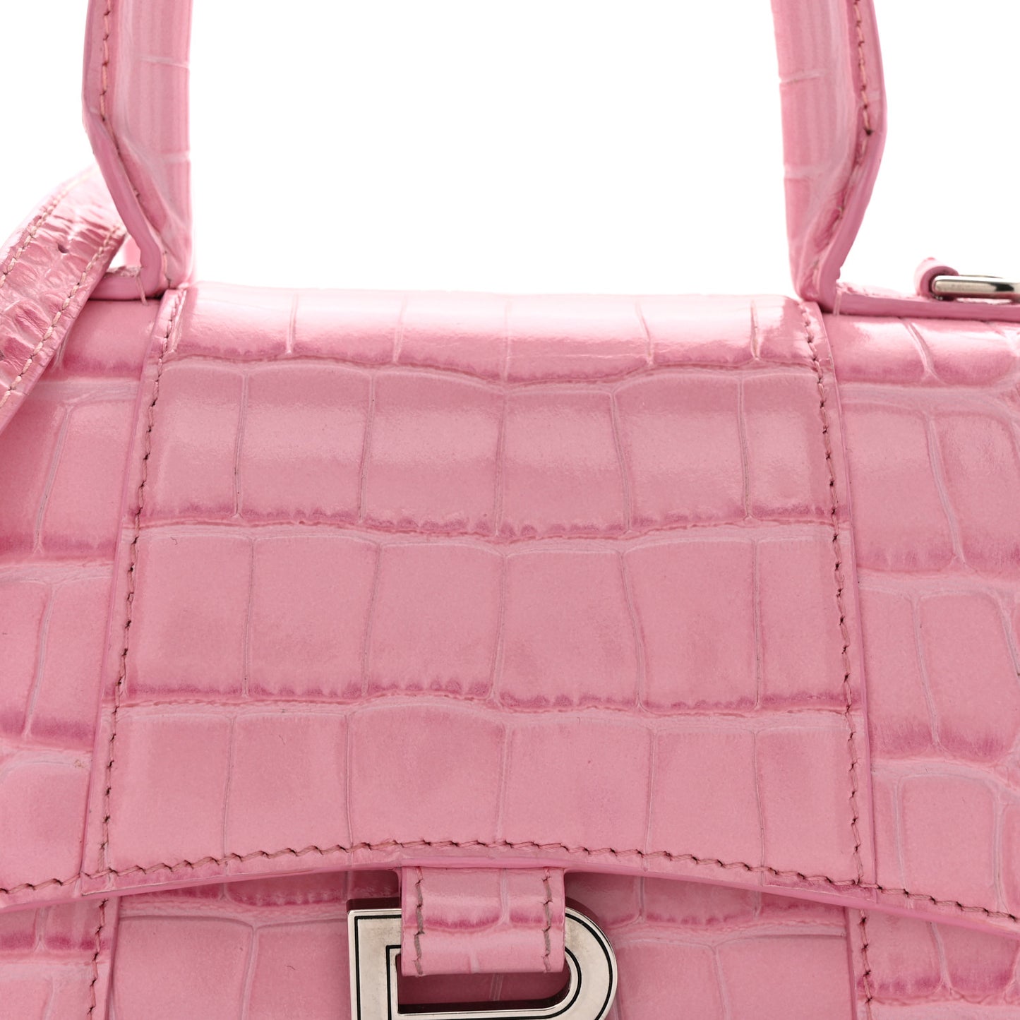 Shiny Calfskin Crocodile Embossed Hourglass Top Handle Bag XS Sweet Pink