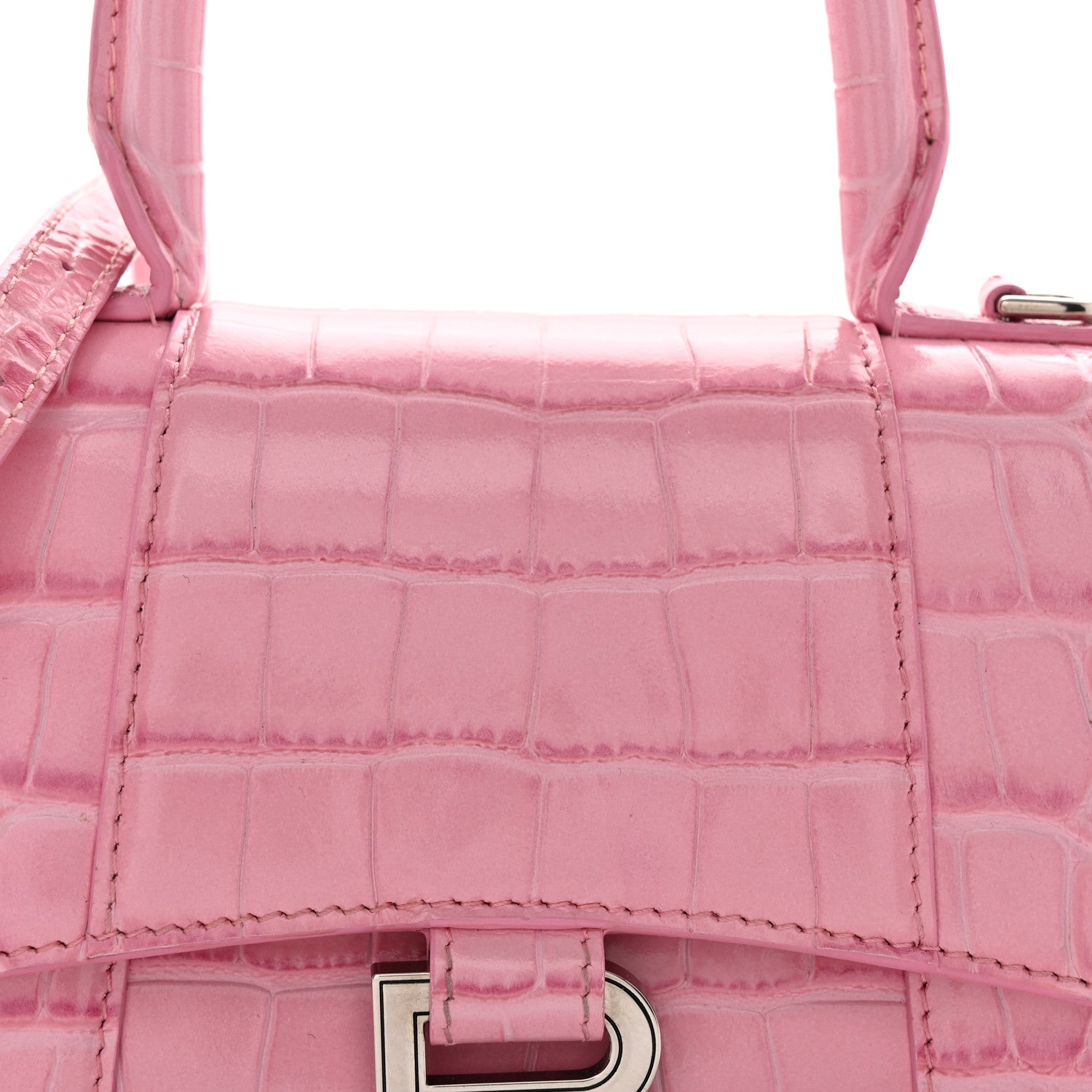 Balenciaga Shiny Calfskin Crocodile Embossed Hourglass Top Handle Bag XS Sweet Pink 7 of 13