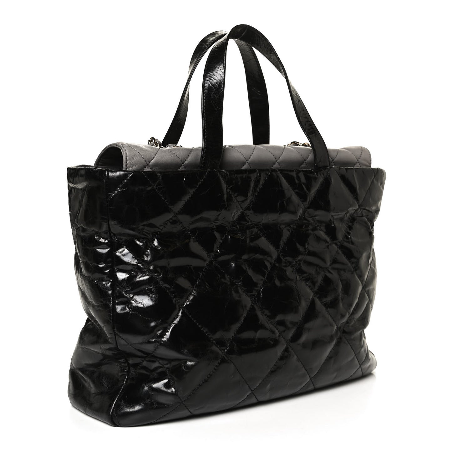 Glazed Calfskin Lambskin Quilted Portobello Tote Black Grey