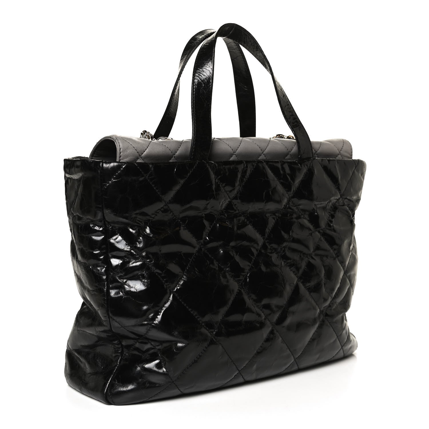 Chanel Glazed Calfskin Lambskin Quilted Portobello Tote Black Grey 3 of 11