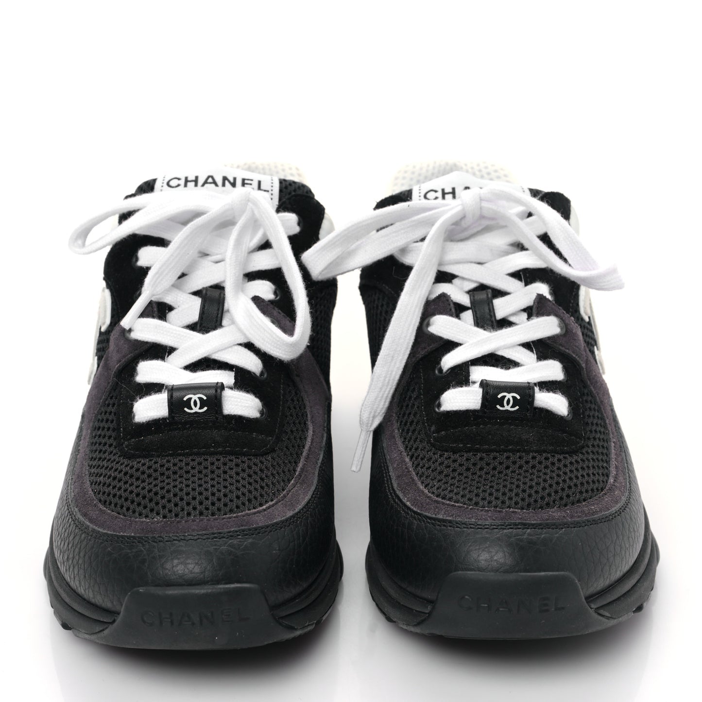 Mesh Suede Grained Calfskin Womens CC Sneakers 38.5 Black White