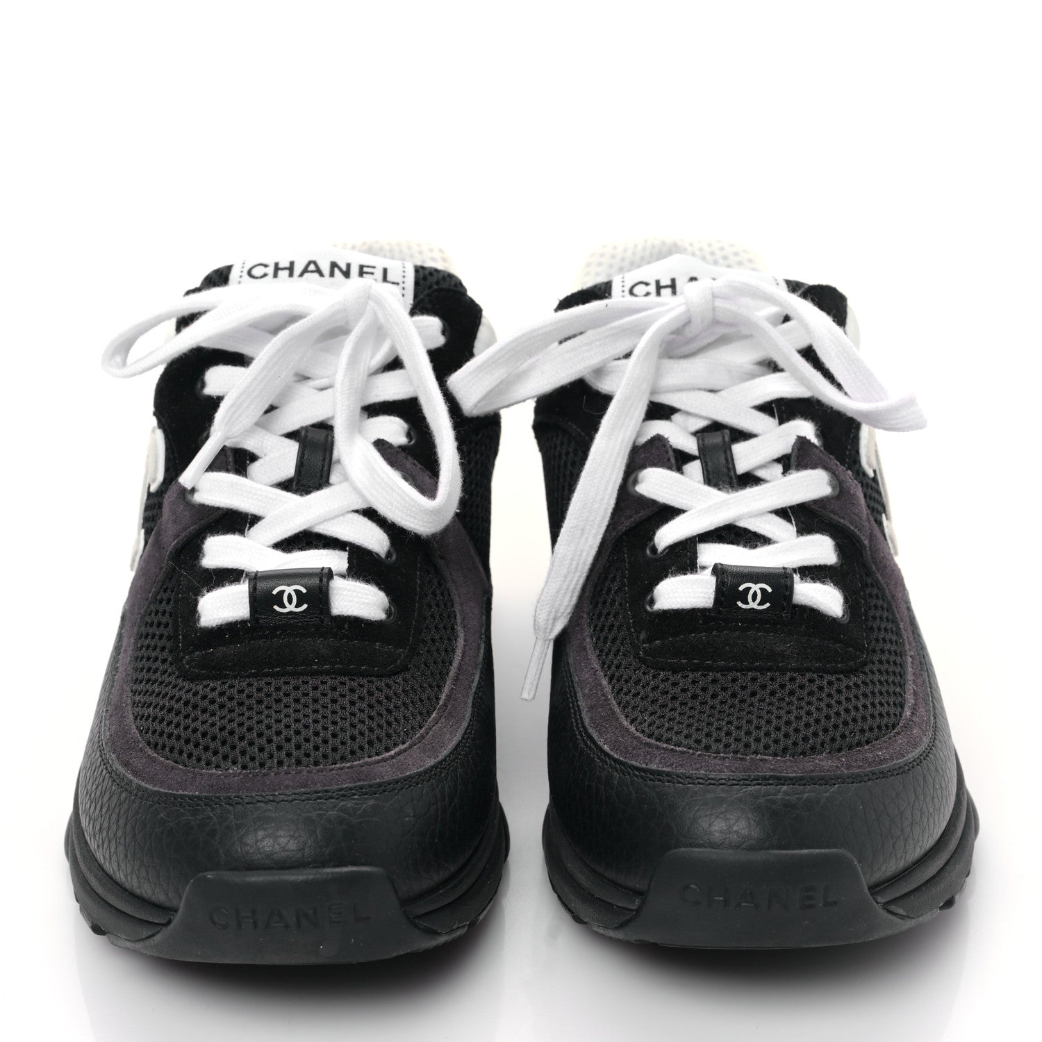 Chanel Mesh Suede Grained Calfskin Womens CC Sneakers 38.5 Black White 2 of 9