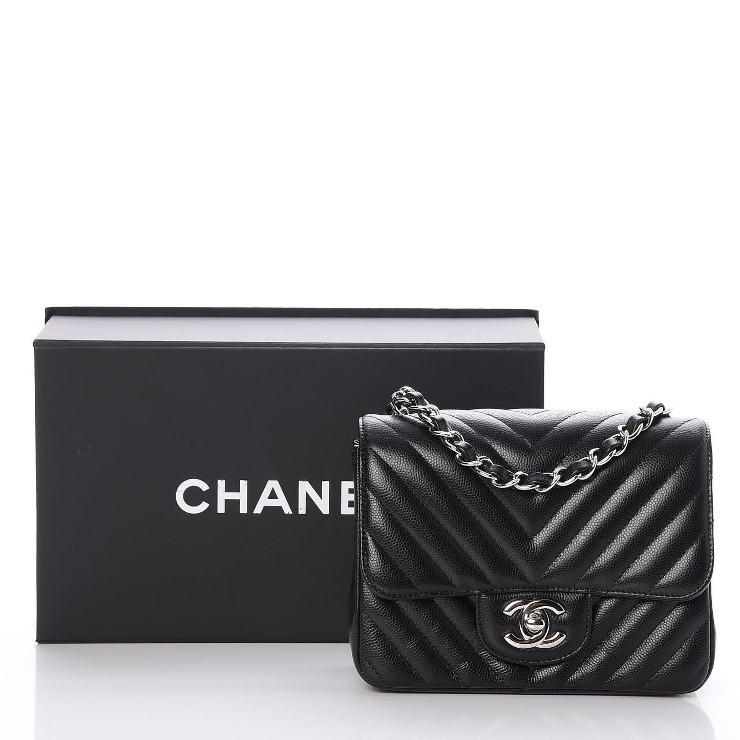 Caviar Chevron Quilted Mini Square Flap Black