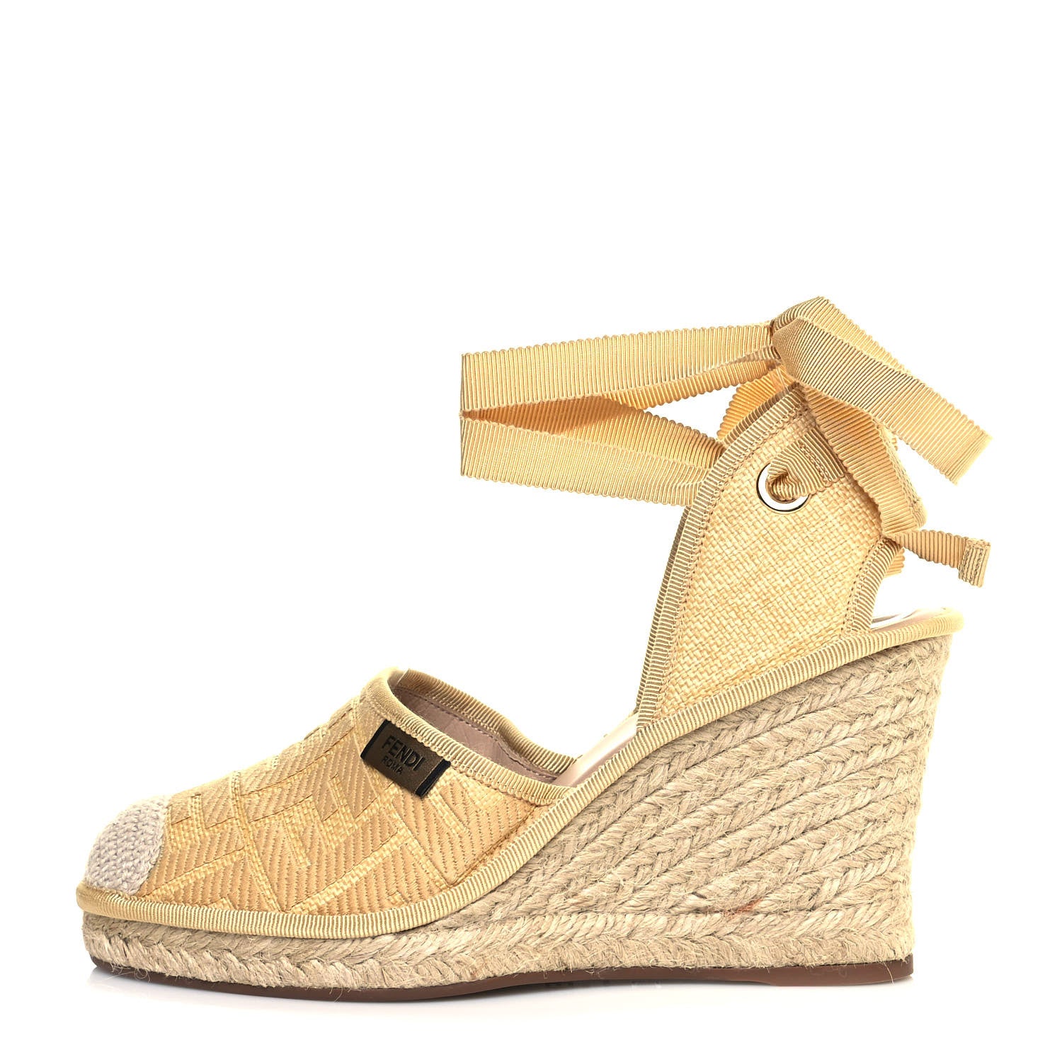 Fendi Rafia FF Embroidered Roma Ankle Wrap Espadrille Wedges 37 Natural 1 of 8