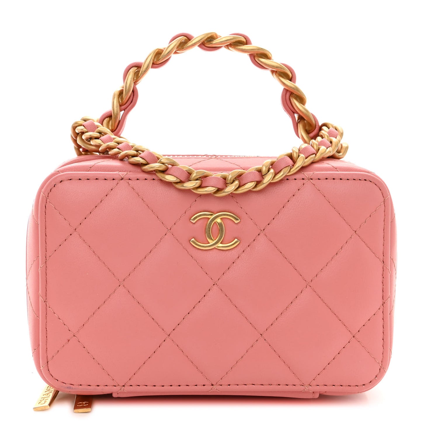 Lambskin Quilted Top Handle Mini Vanity Case Pink