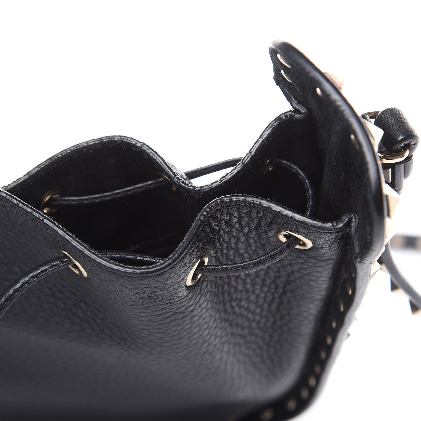 Grained Calfskin Rockstud Bucket Bag Black