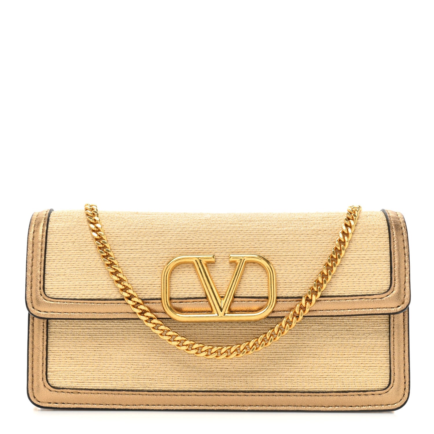 Valentino Garavani Raffia VLogo Wallet on Chain Gold 1 of 12