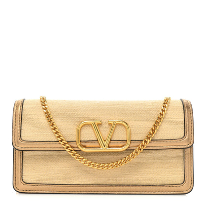 Valentino Garavani Raffia VLogo Wallet on Chain Gold 1 of 12