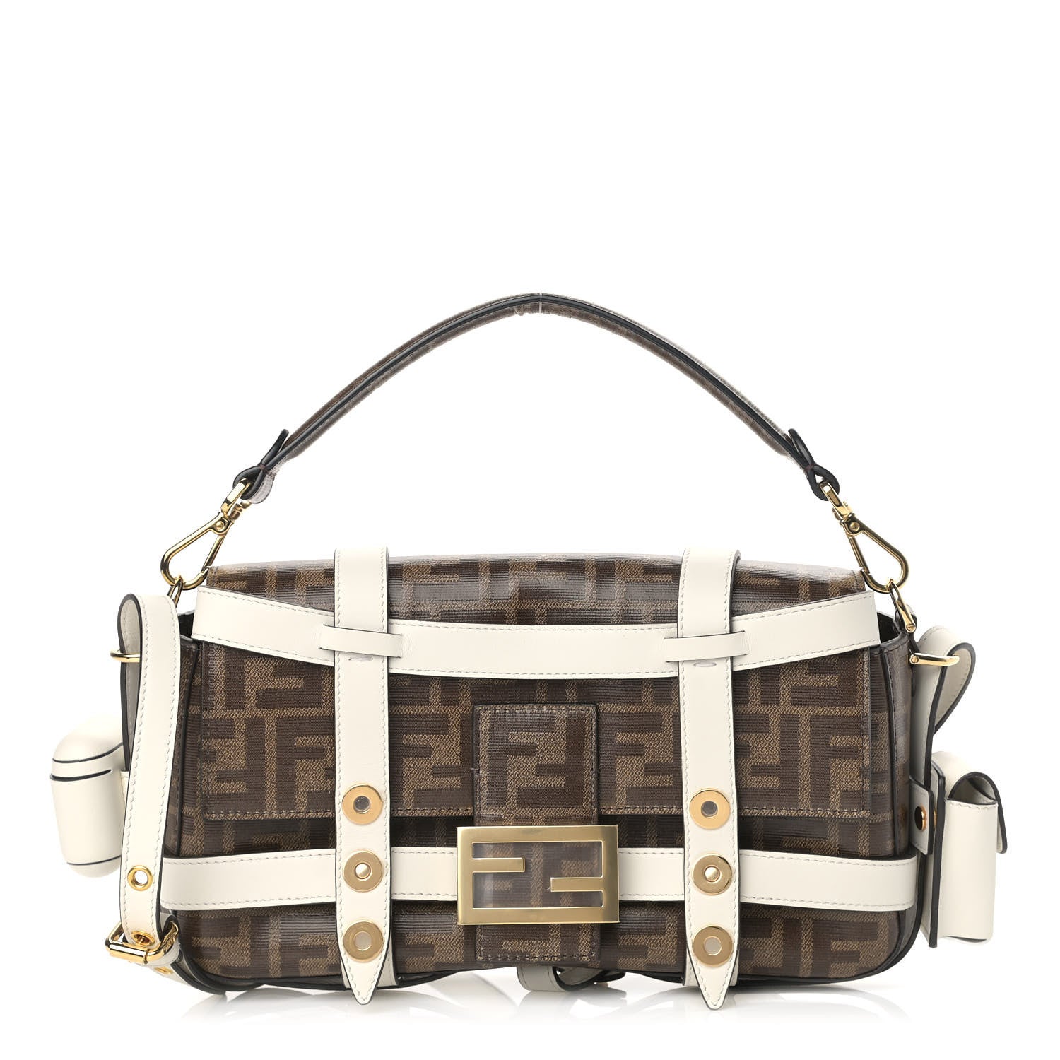 Fendi Glazed Fabric Vitello Century FF 1974 Large Baguette Cage Mogano Panna White Ice 1 of 11