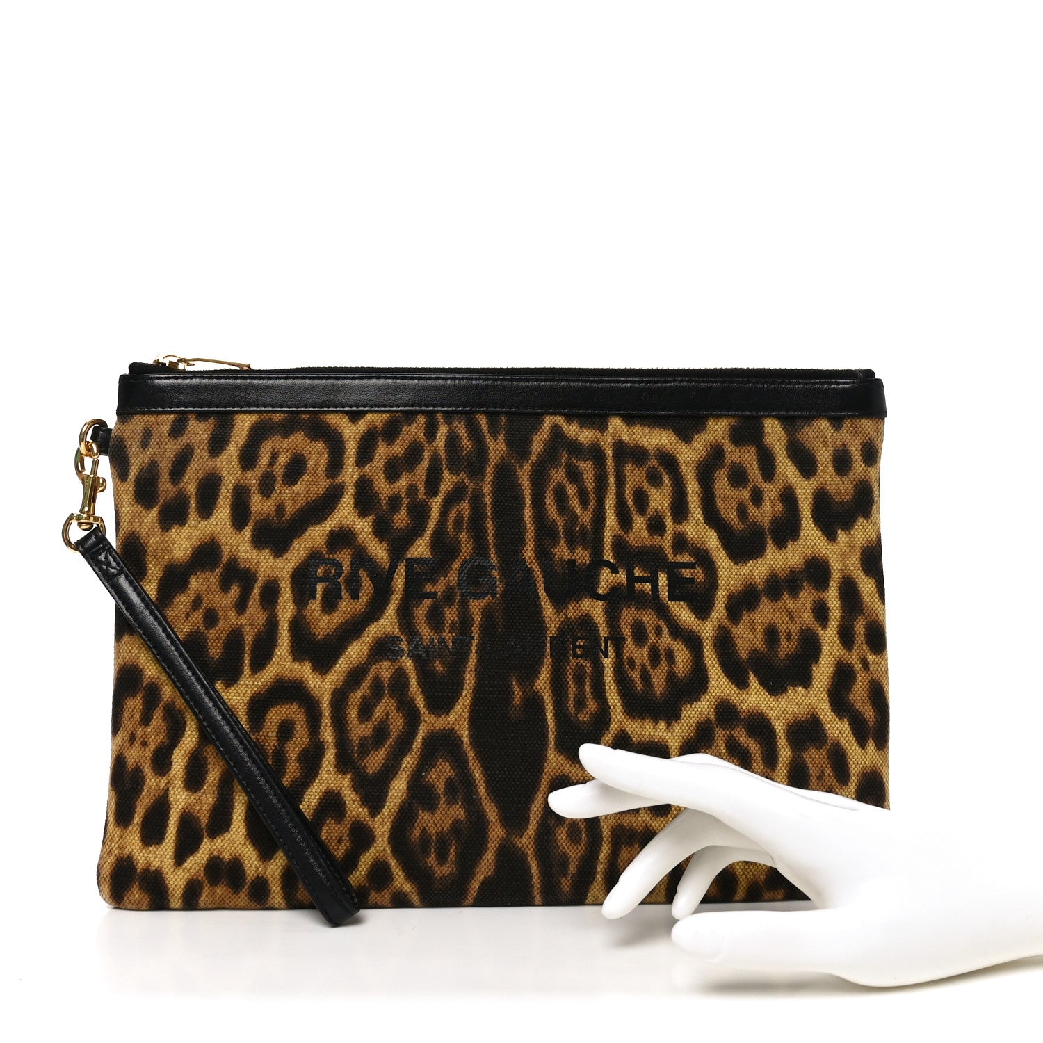 Saint Laurent Canvas Leopard Print Rive Gauche Zipped Pouch Natural Black 2 of 8
