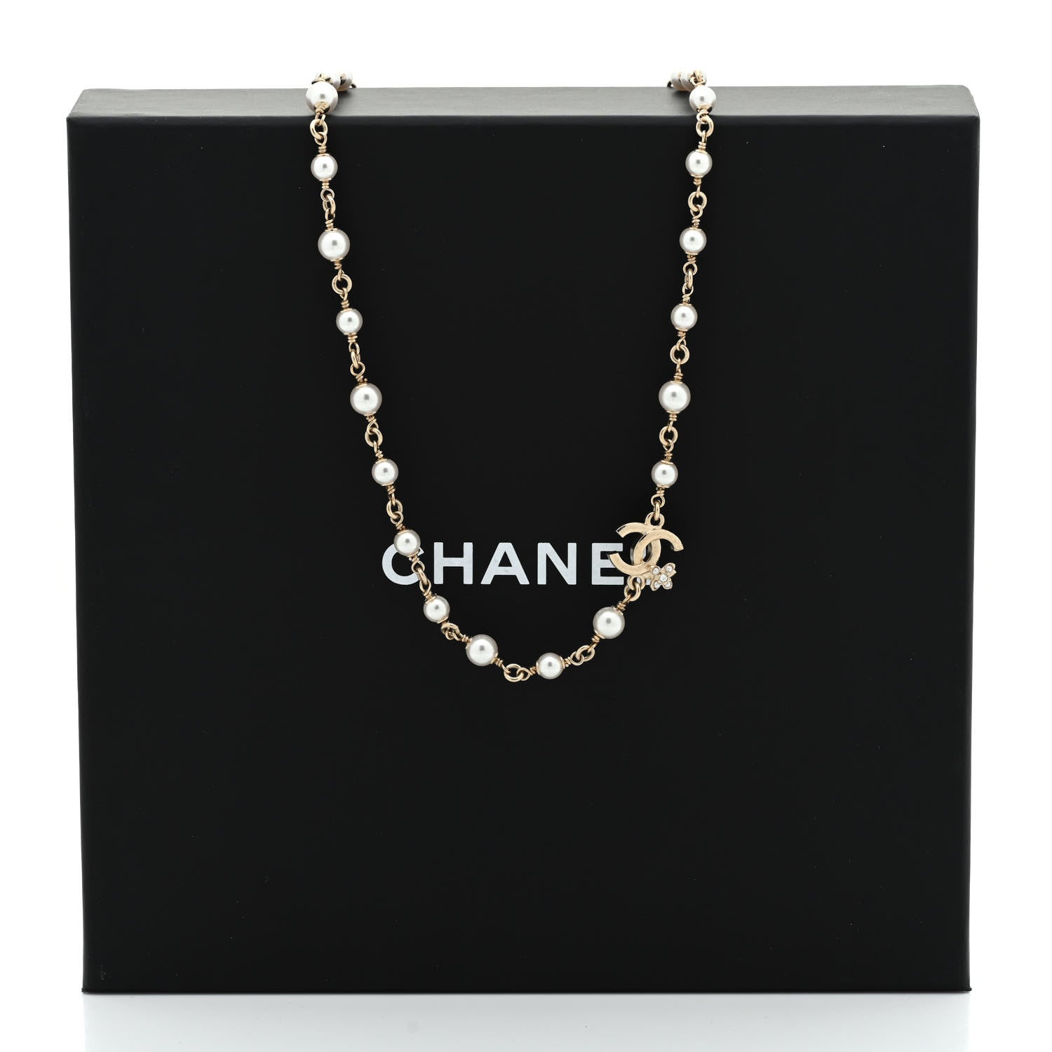 Chanel Pearl Crystal CC Flower Necklace Pearly White Light Gold 5 of 5