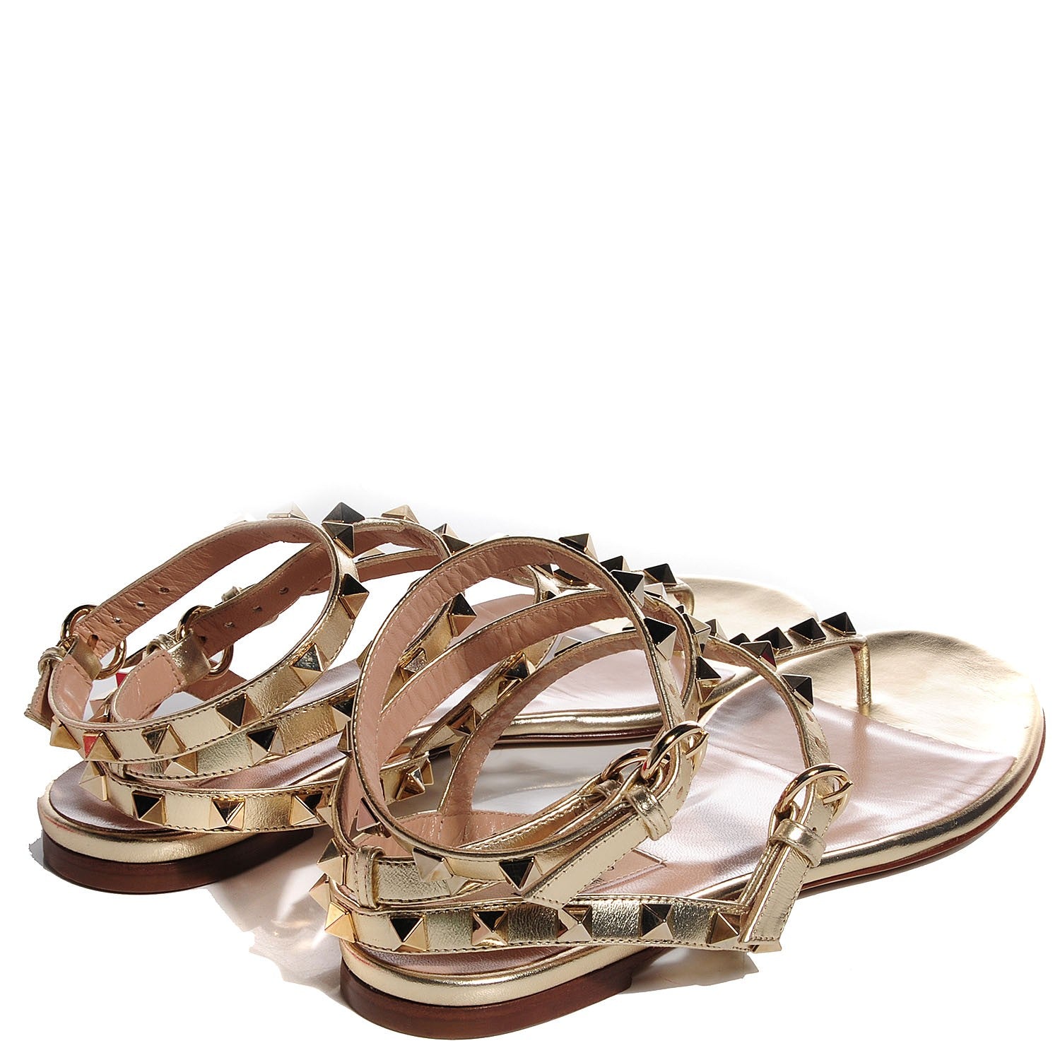 Valentino Garavani Metallic Nappa Rockstud Ankle Wrap Flat Thong Sandals 38.5 Platino 4 of 7