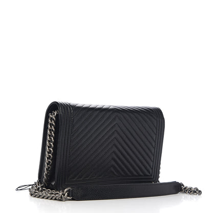 Chanel Grained Calfskin Chevron Quilted Boy Wallet On Chain WOC Black 2 of 14