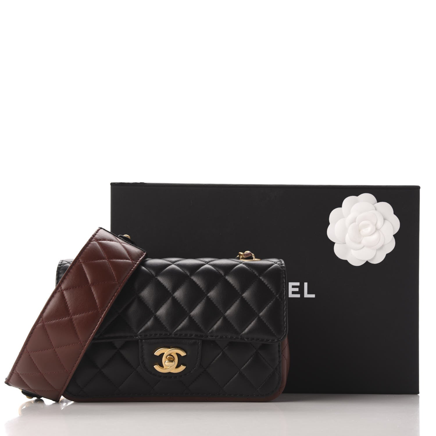 Chanel Calfskin Quilted Small Strap Into Flap Bag Black Brown 10 of 10