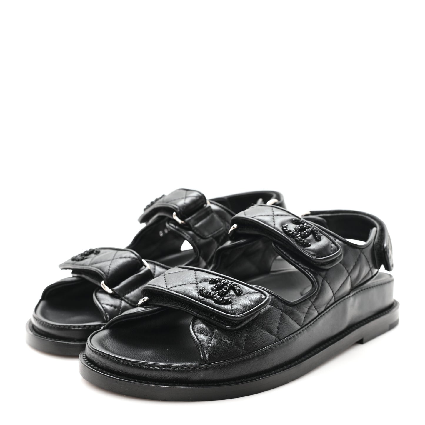Lambskin Quilted Velcro Dad Sandals 35.5 So Black