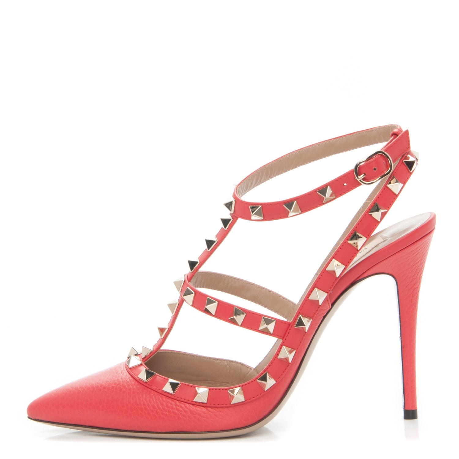 Valentino Garavani Pebbled Calfskin Rockstud Ankle Strap 100mm Pumps 39 Deep Coral 1 of 6