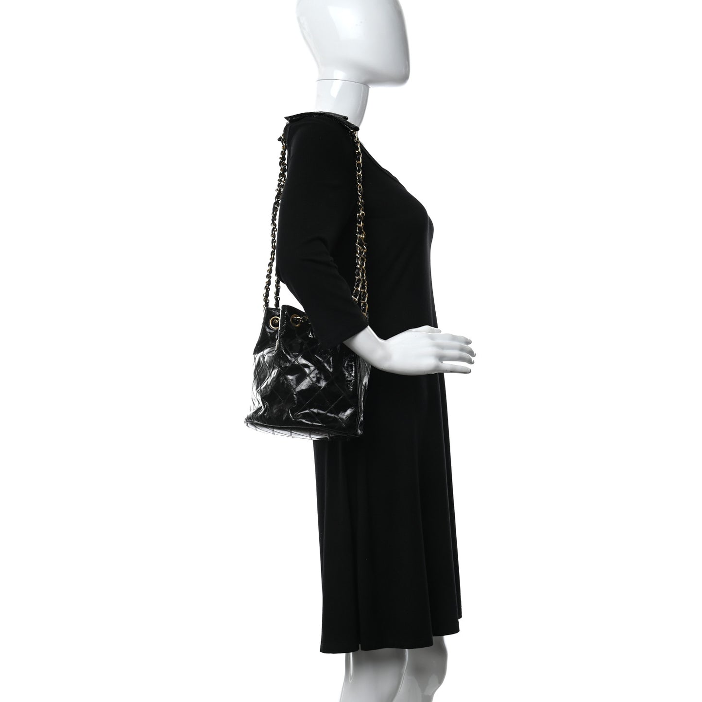 Patent Stitched Drawstring Shoulder Bag Black