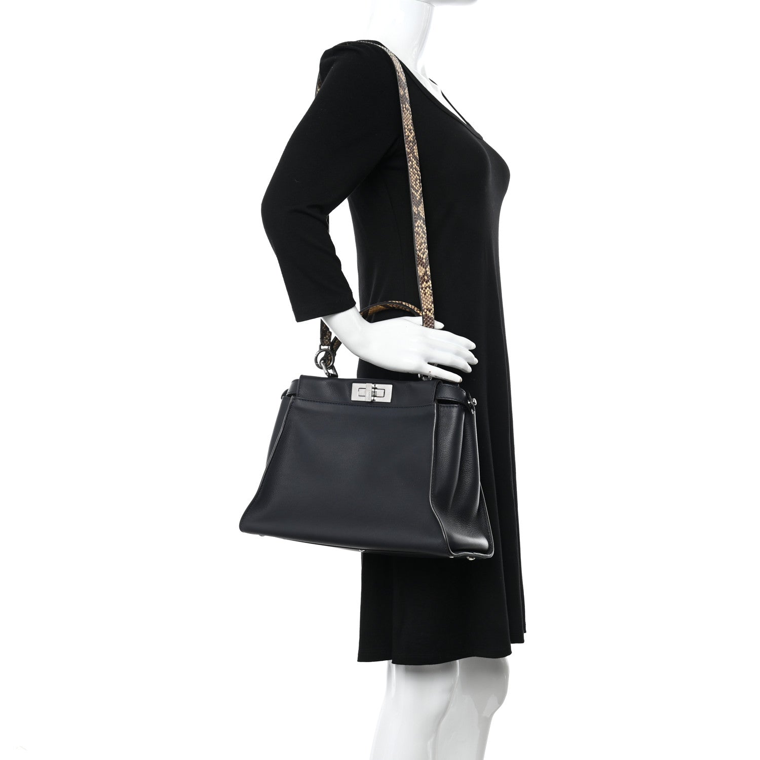 Fendi Vitello Seta Snakeskin Shiny Nappa Monster Eyes Medium Peekaboo Iconic Satchel Blue Notte Roccia 2 of 11