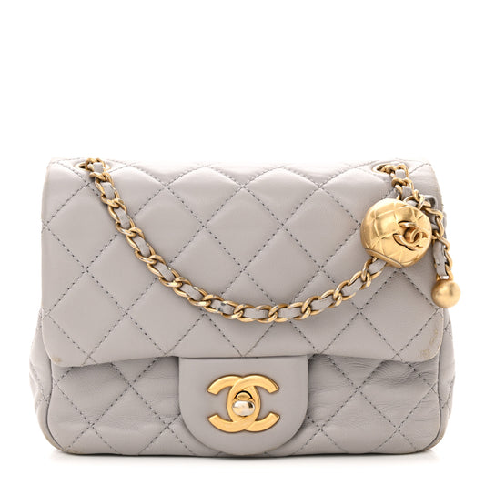 Lambskin Quilted Mini Pearl Crush Flap Light Grey