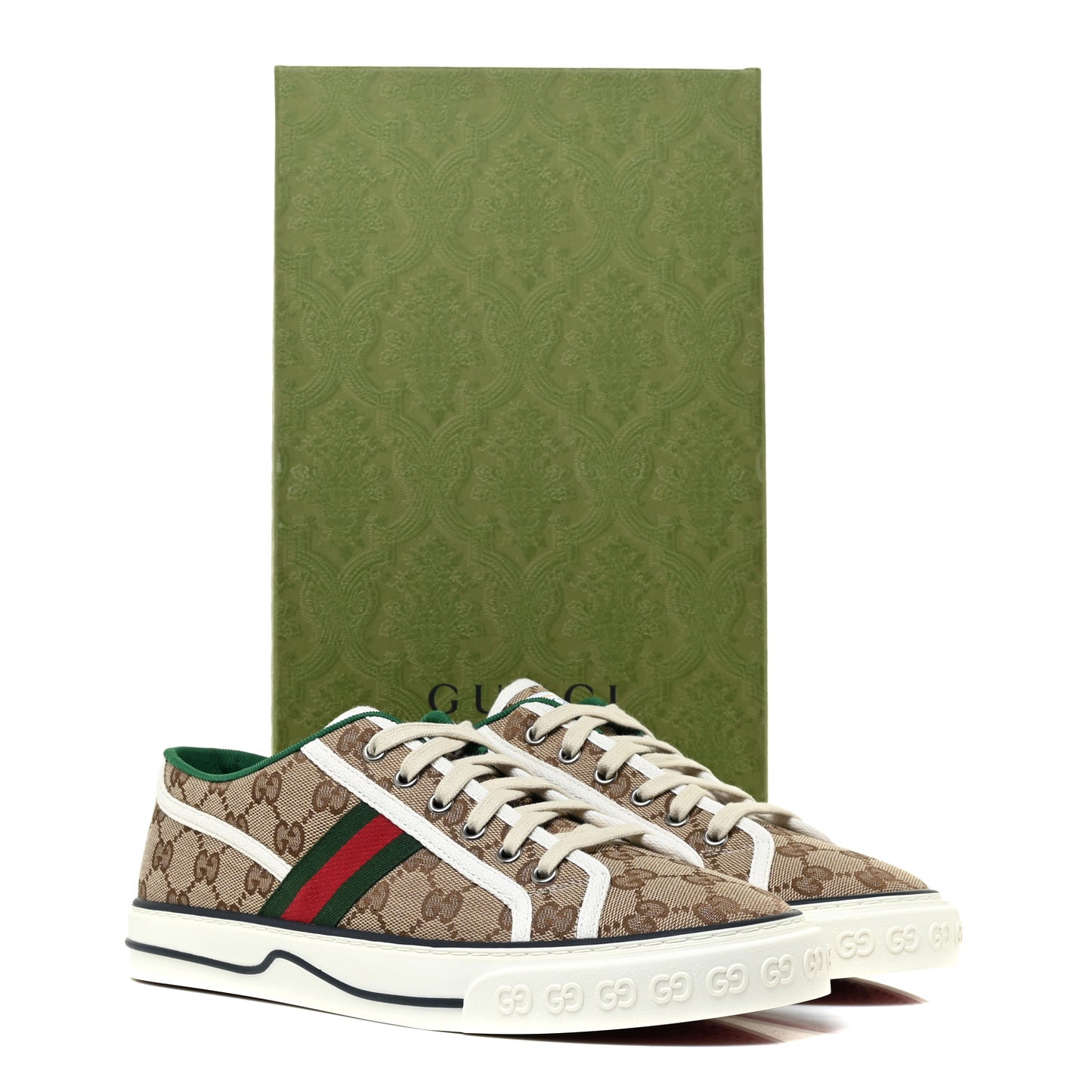 GG Monogram Web Mens 1977 Tennis Sneakers 8 Beige Ebony Mystic White