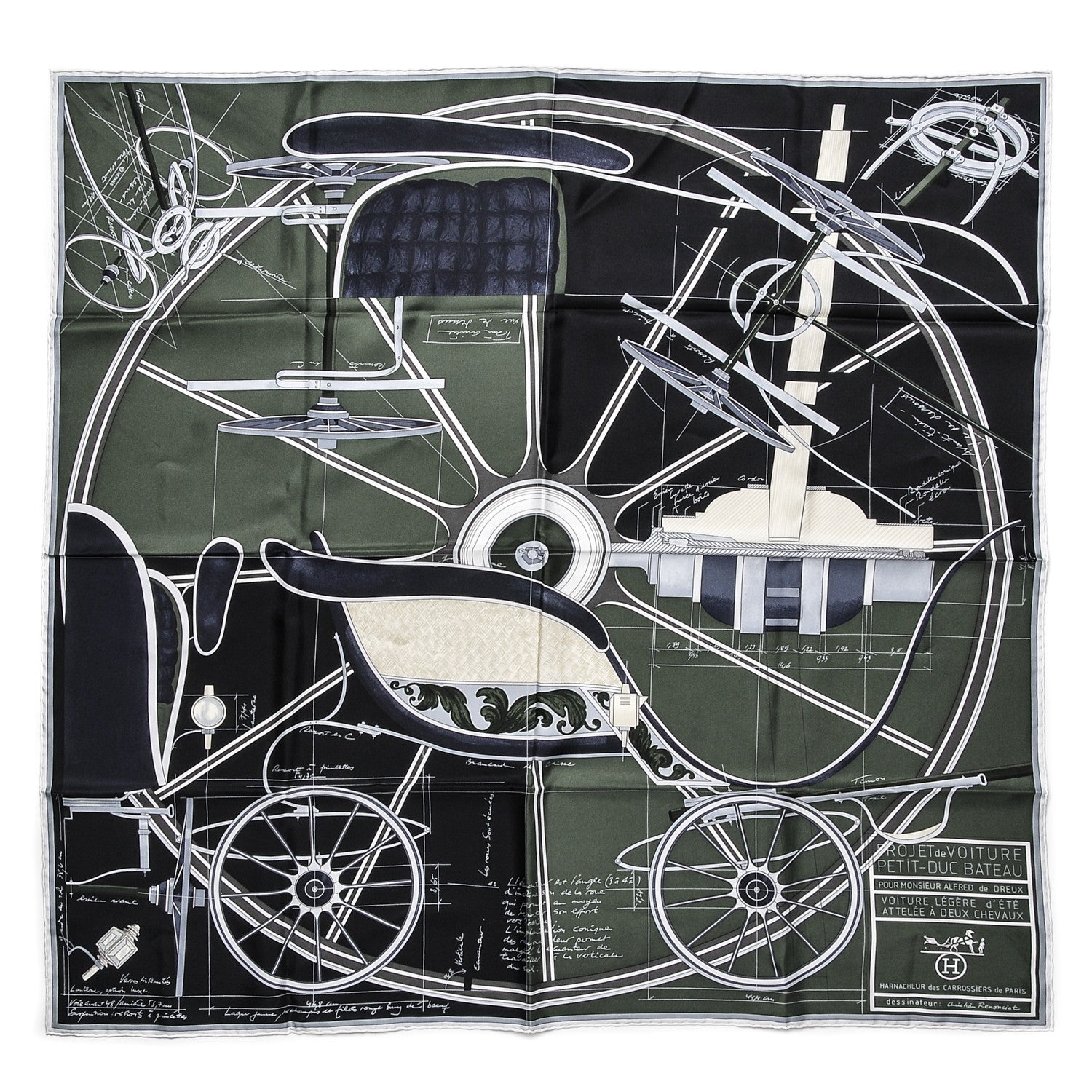Hermes Silk Petit Duc Scarf 90 Noir Kaki Creme 1 of 8