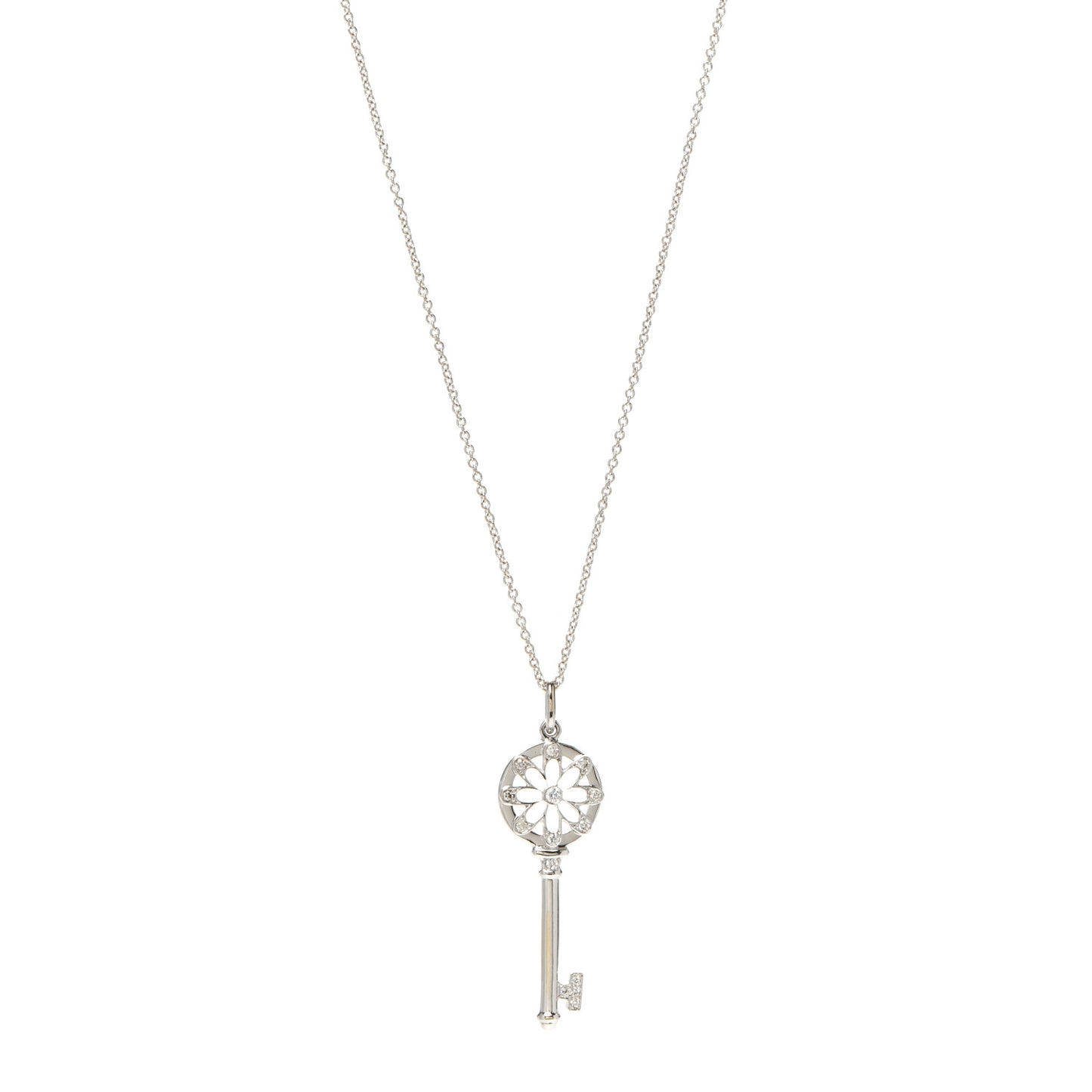 18K White Gold Diamond Floral Key Pendant Necklace