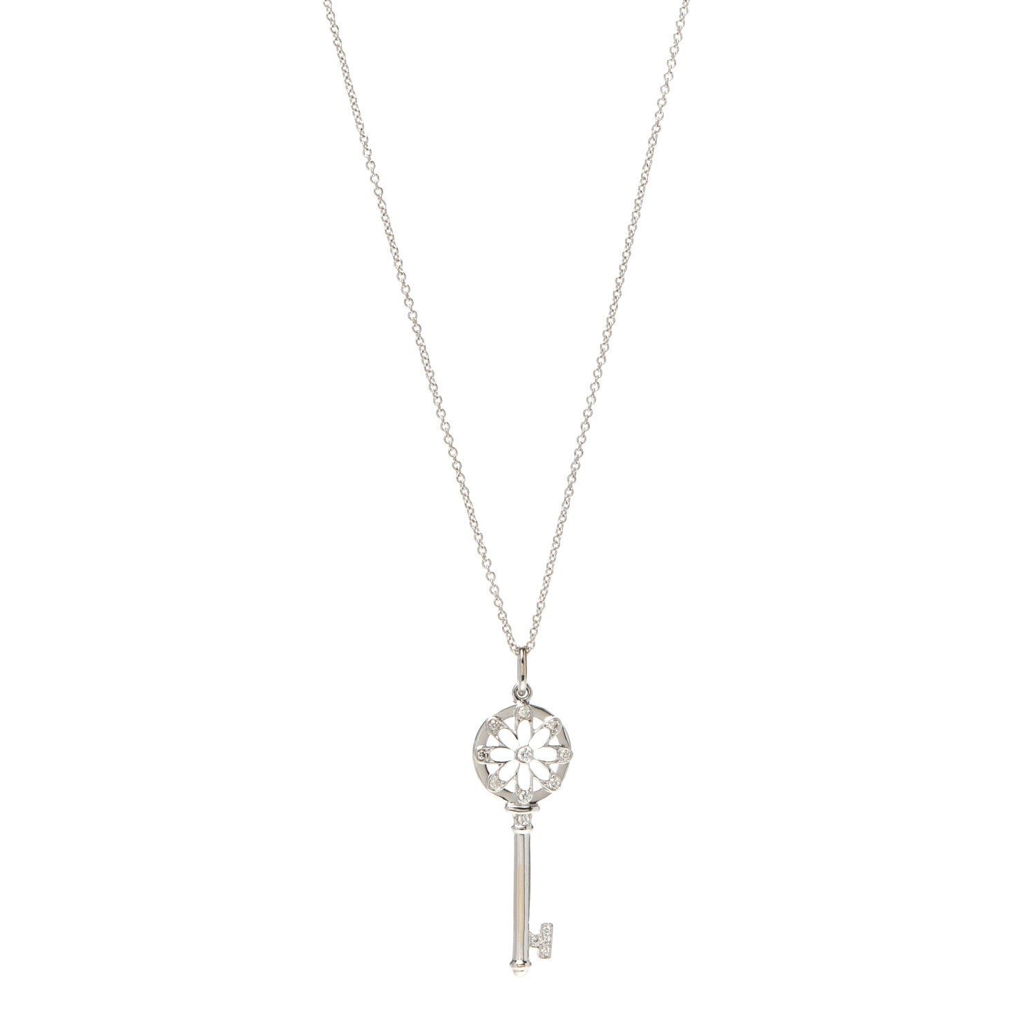 Tiffany 18K White Gold Diamond Floral Key Pendant Necklace 1 of 5