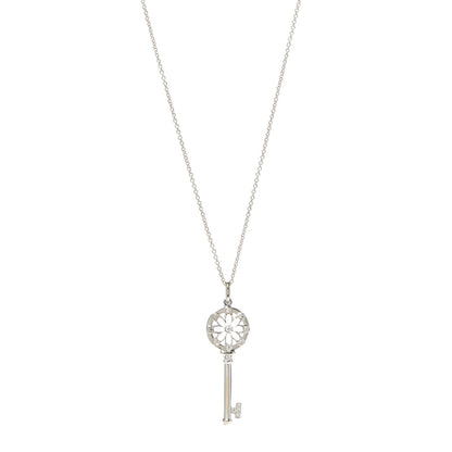 Tiffany 18K White Gold Diamond Floral Key Pendant Necklace 1 of 5
