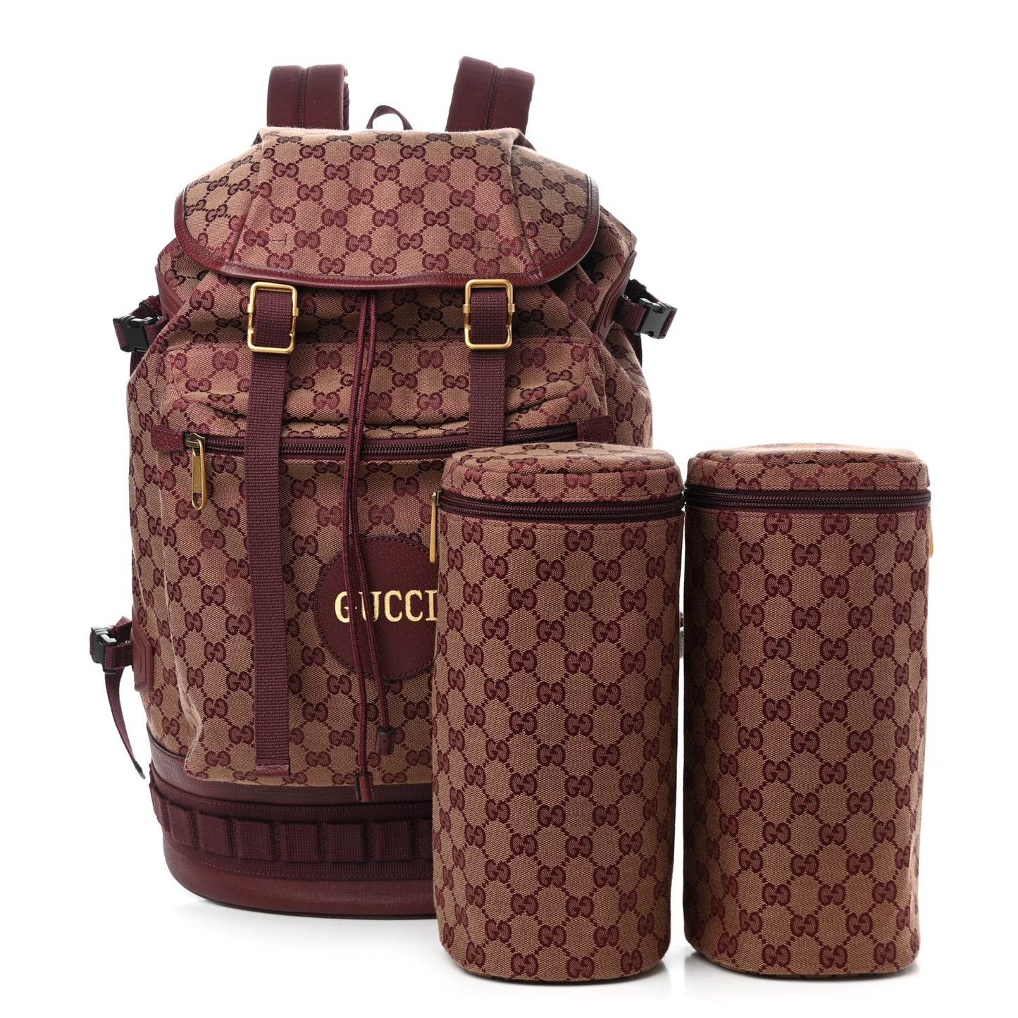 GG Monogram Script Logo Large Double Pocket Backpack Sahara Rubino Bordeaux