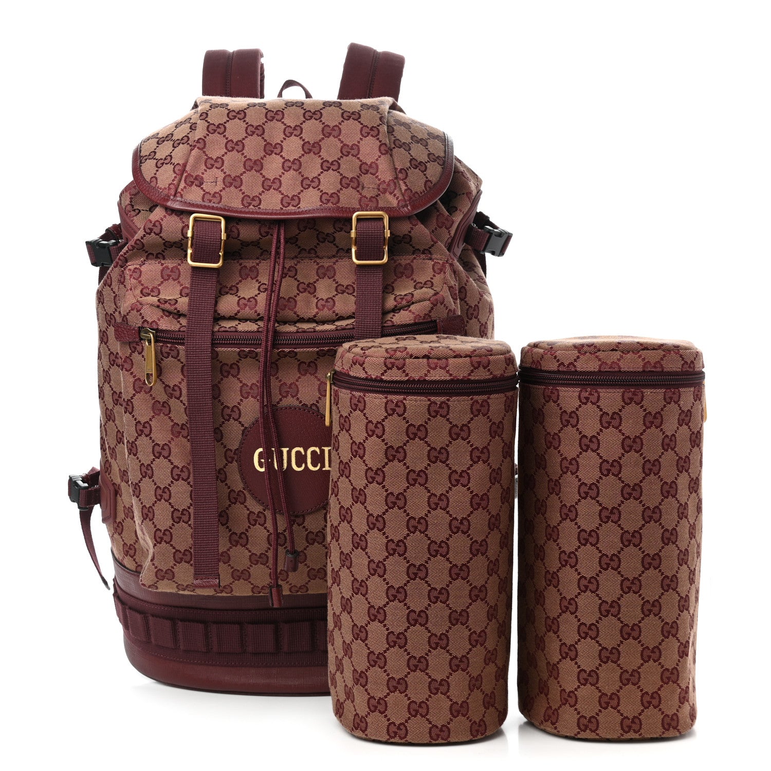 Gucci GG Monogram Script Logo Large Double Pocket Backpack Sahara Rubino Bordeaux 1 of 16