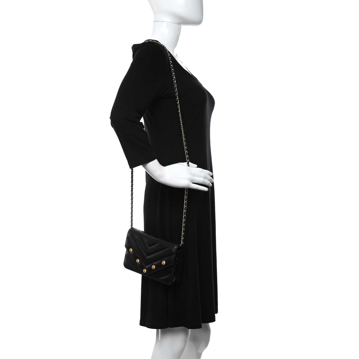 Chanel Lambskin Chevron Quilted Medallion Wallet On Chain WOC Black 2 of 14