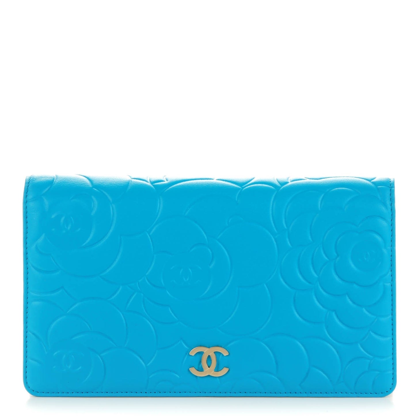 Lambskin Camellia Embossed Yen Wallet Turquoise