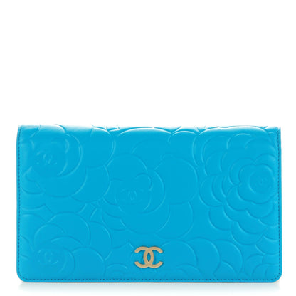 Chanel Lambskin Camellia Embossed Yen Wallet Turquoise 1 of 8