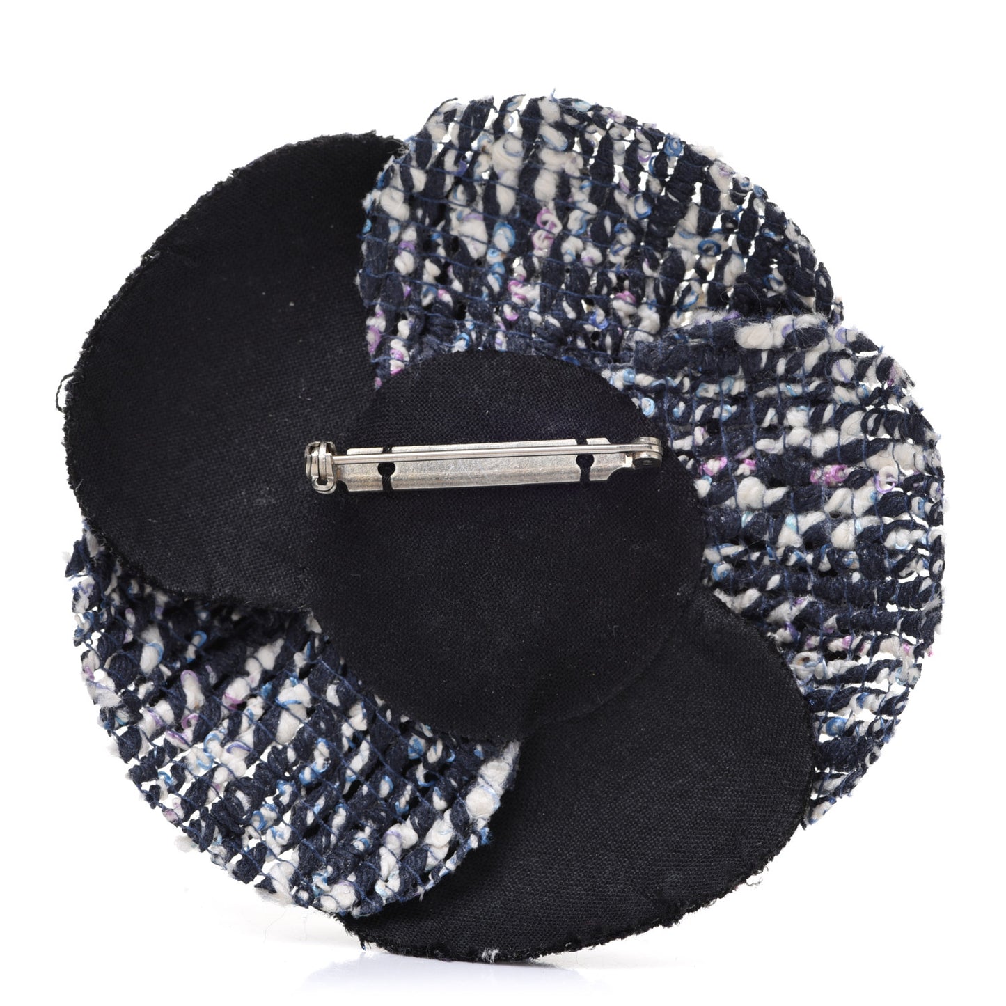 Tweed Camellia Pin Brooch Navy Blue White