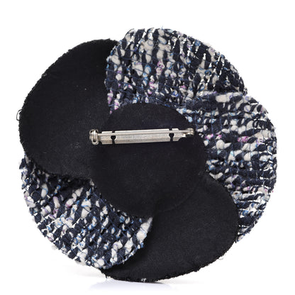 Chanel Tweed Camellia Pin Brooch Navy Blue White 3 of 4
