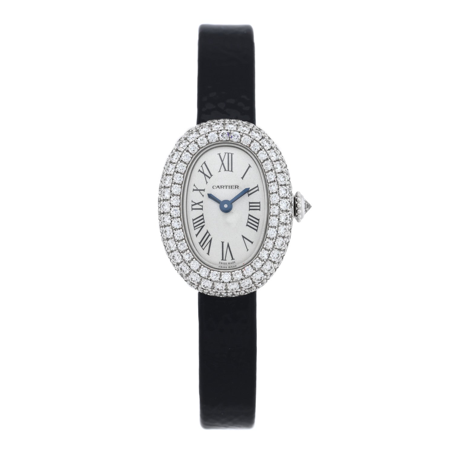 Cartier 18K White Gold Calfskin Diamond Bezel 19mm Baignoire Quartz Watch 1 of 5