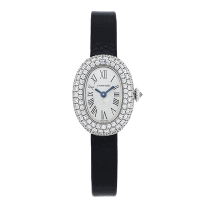 Cartier 18K White Gold Calfskin Diamond Bezel 19mm Baignoire Quartz Watch 1 of 5