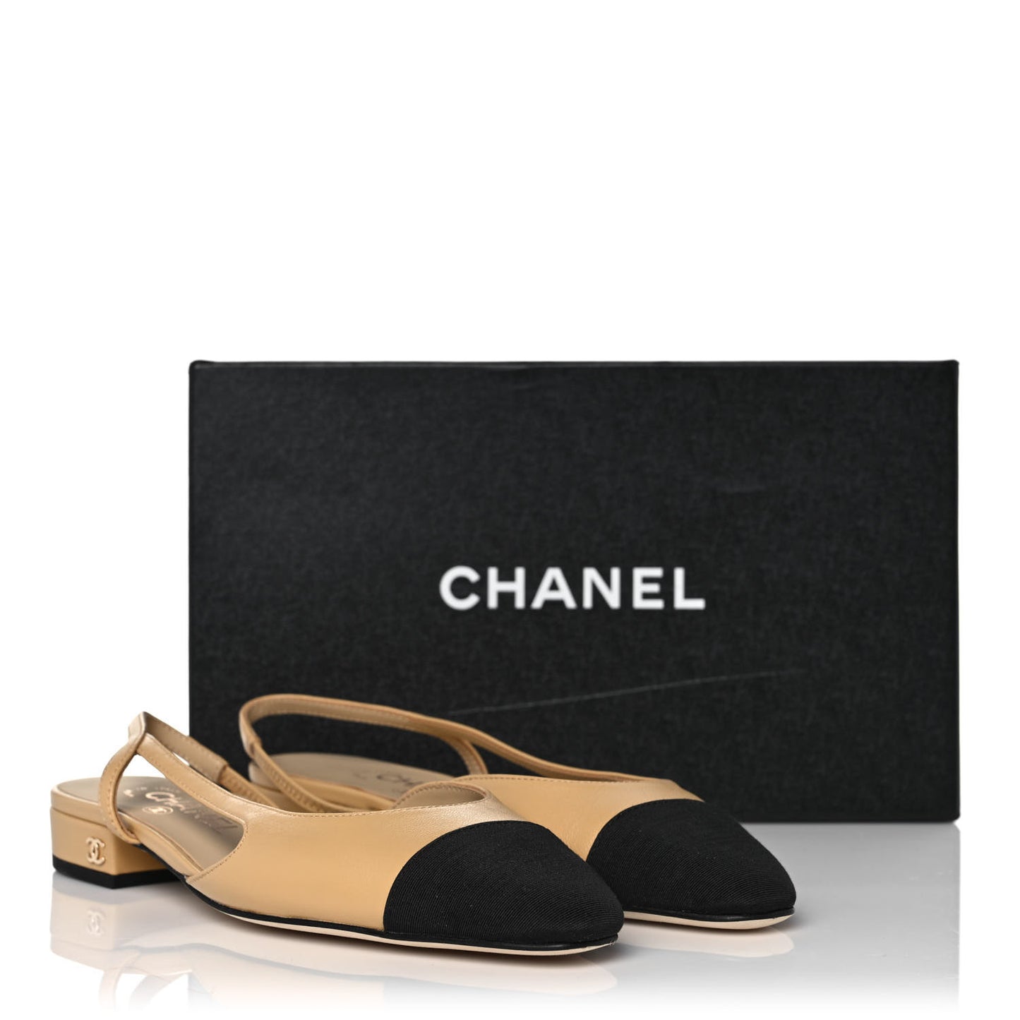 Lambskin Grosgrain Cap Toe CC Slingback Sandals 37.5 Beige Black