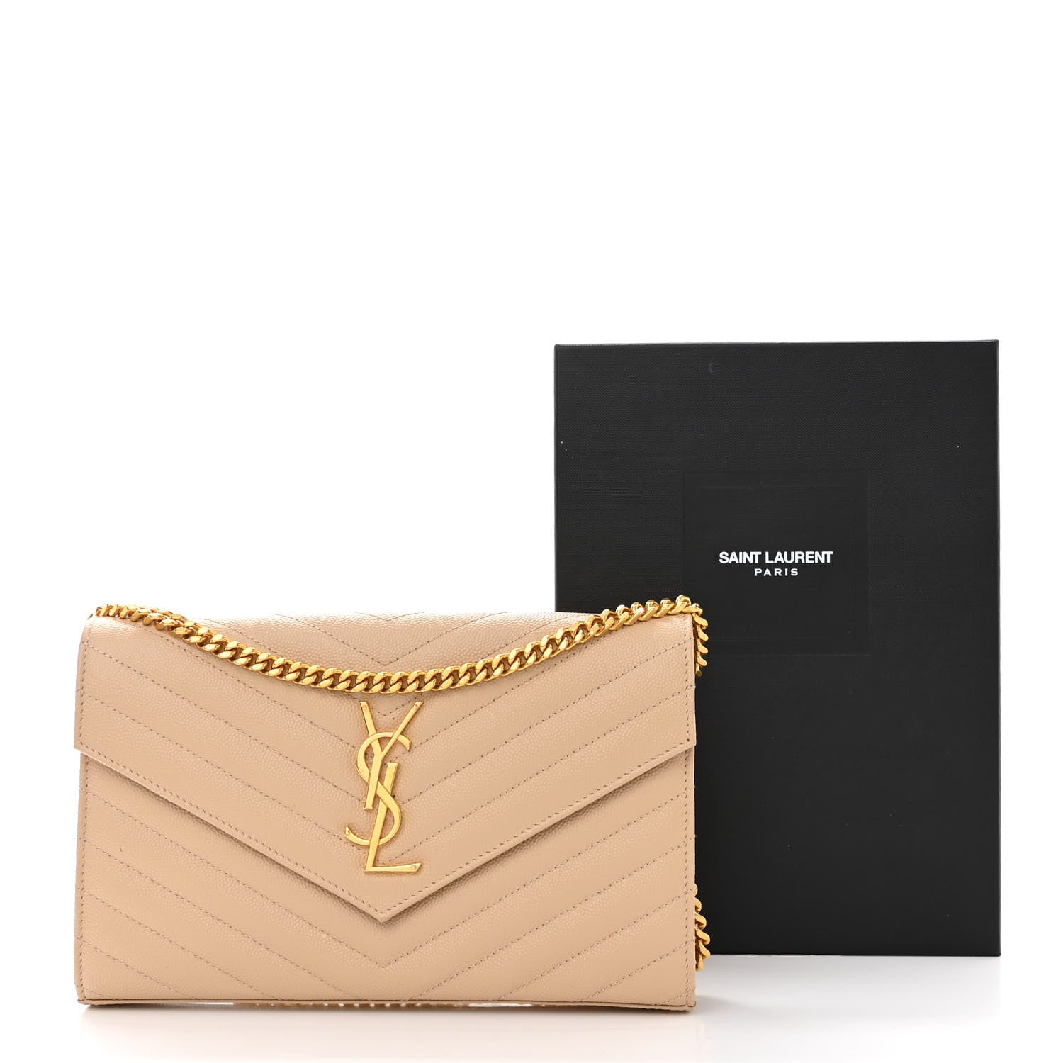 Saint Laurent Grain De Poudre Matelasse Chevron Monogram Chain Wallet Dark Beige 11 of 11